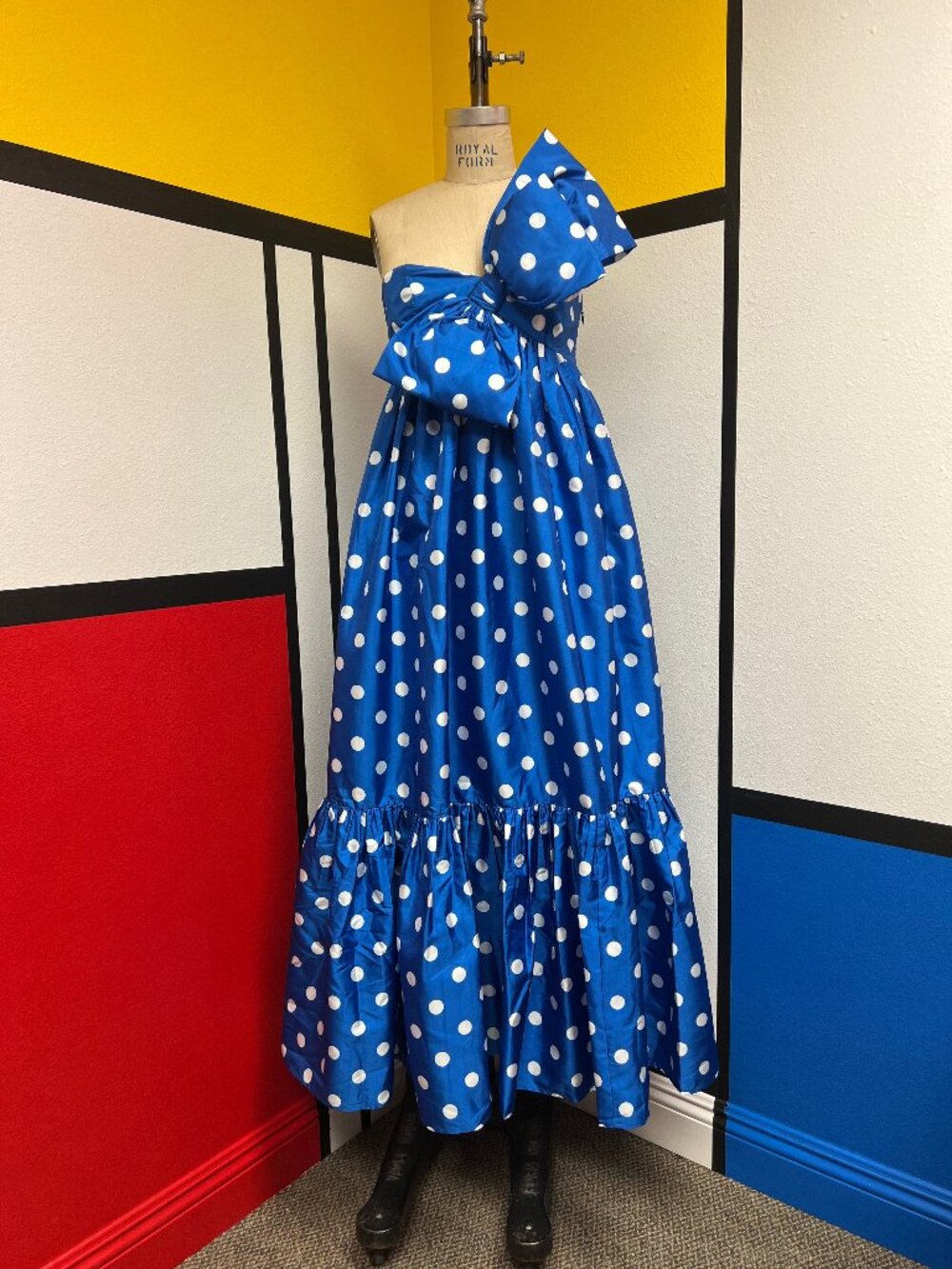 NWT Atsu One Shoulder Sally White Blue Polka Dot Bow Maxi Dress XS $248